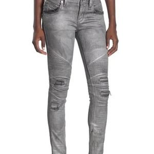 Rock Revival Moto Naline Silver Jeans Womens Size 31 Ankle Zip Straight Coated